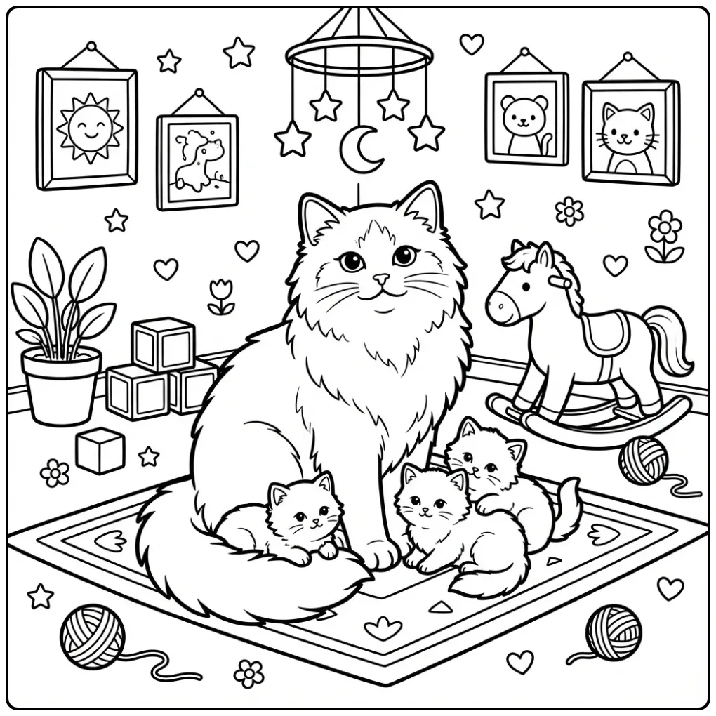 Sweet Cat with Kittens Among Toys and Stars coloring page