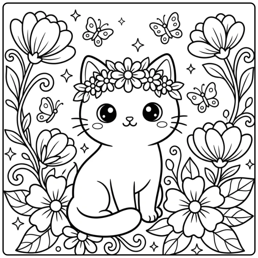 Kawaii Cat coloring page with flower crown and butterflies
