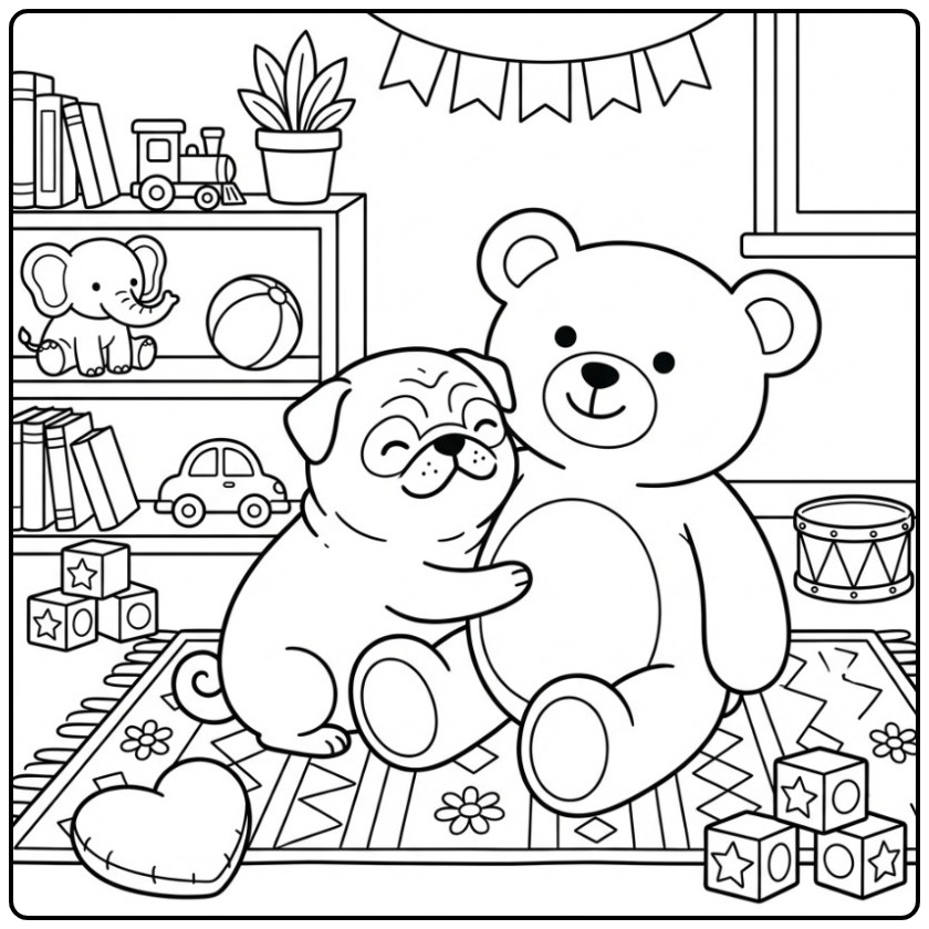 Sweet Pug and His Friend the Big Teddy Bear coloring page