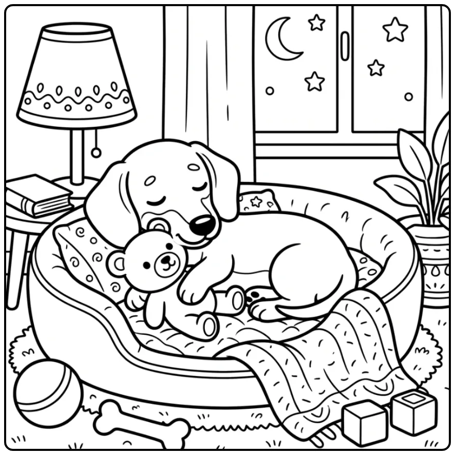 Sweet Dachshund Puppy in Basket with Teddy Bear coloring page