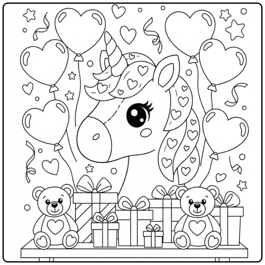 Sweet Unicorn Head Valentine and Hearts Balloons coloring page