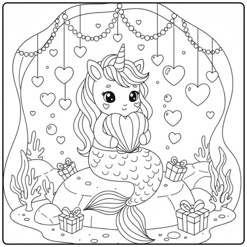Sweet Unicorn Mermaid with Hearts Valentine coloring page