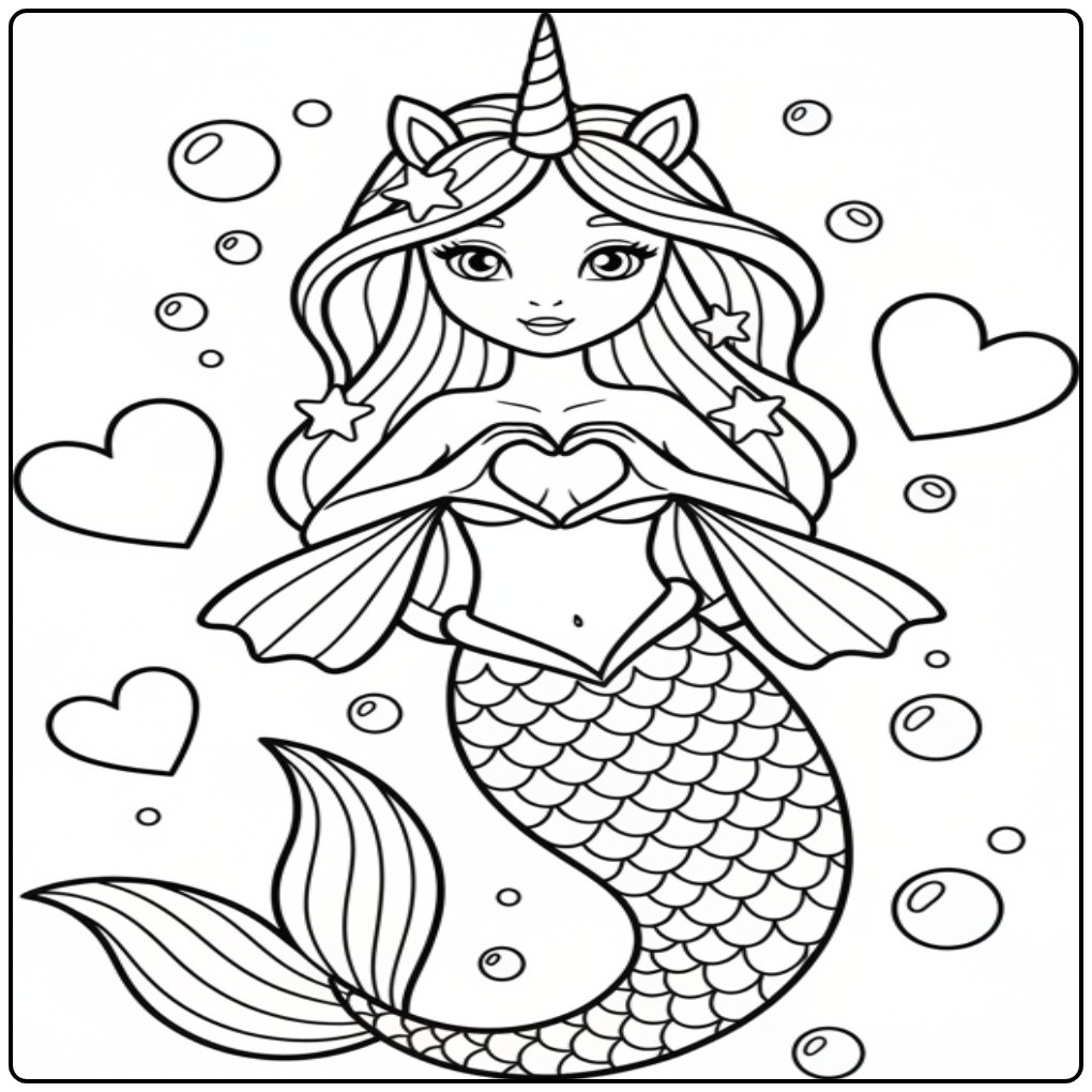 Sweet Unicorn Mermaid Full of with Love and Hearts coloring page