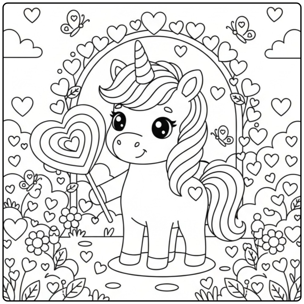 Sweet Baby Unicorn with Heart and Butterflies coloring page