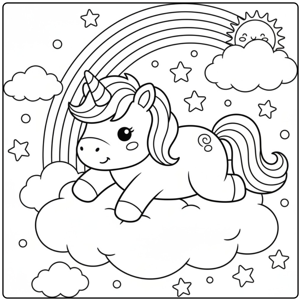 Sweet Cute Unicorn and Rainbow coloring page