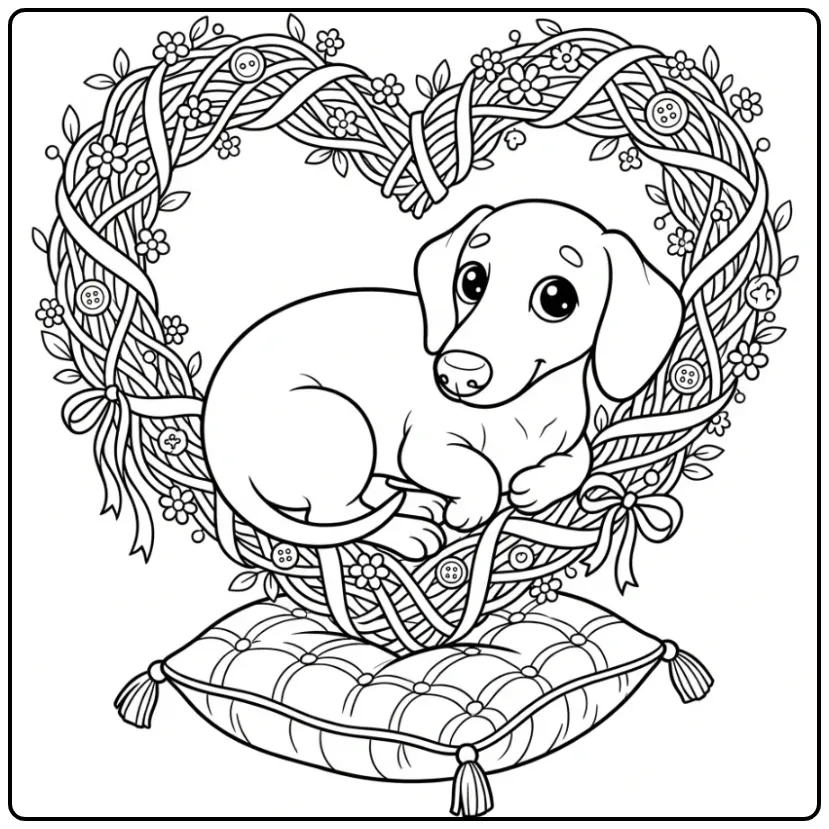 Dachshund Sleeping in a Floral Heart Wreath coloring page