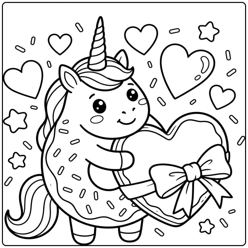 Sweet Valentine Donut Unicorn coloring page
