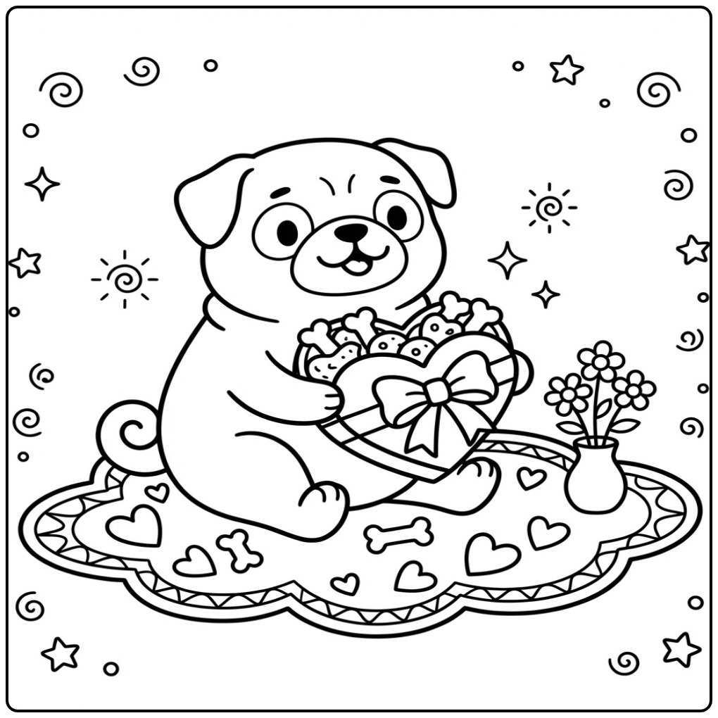 Sweet Valentine Pug with a Gift coloring page