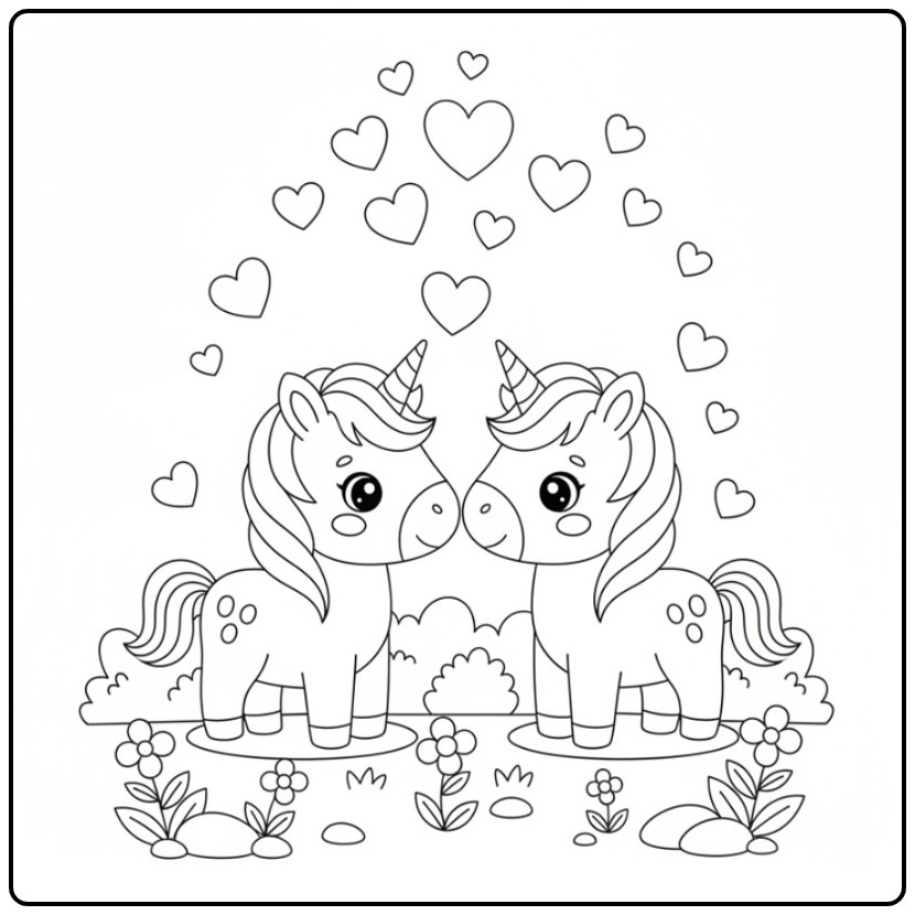 Sweet Friendship Easy Unicorn and Hearts coloring page