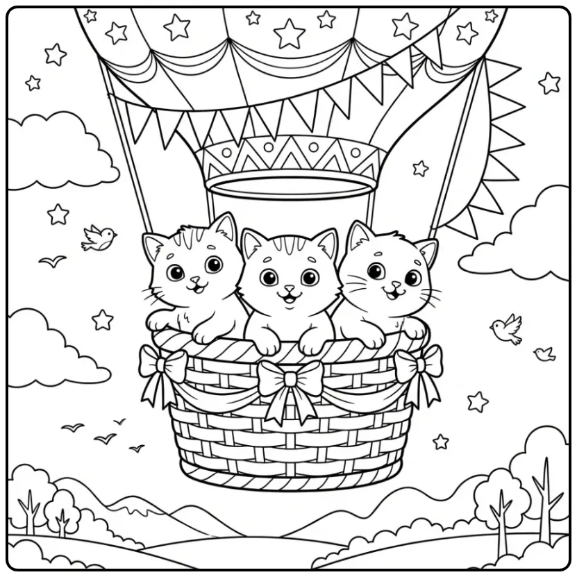 Cute Kittens in a Hot Air Balloon coloring page