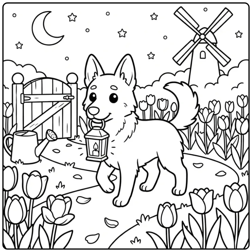 Dutch Shepherd Patrolling a Moonlit Tulip Garden coloring page
