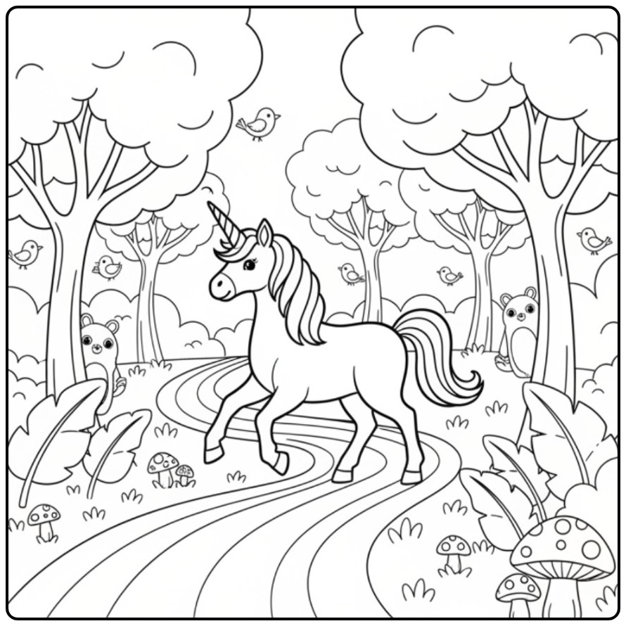 Magical Adventure in the Forest a Unicorn Easy coloring page