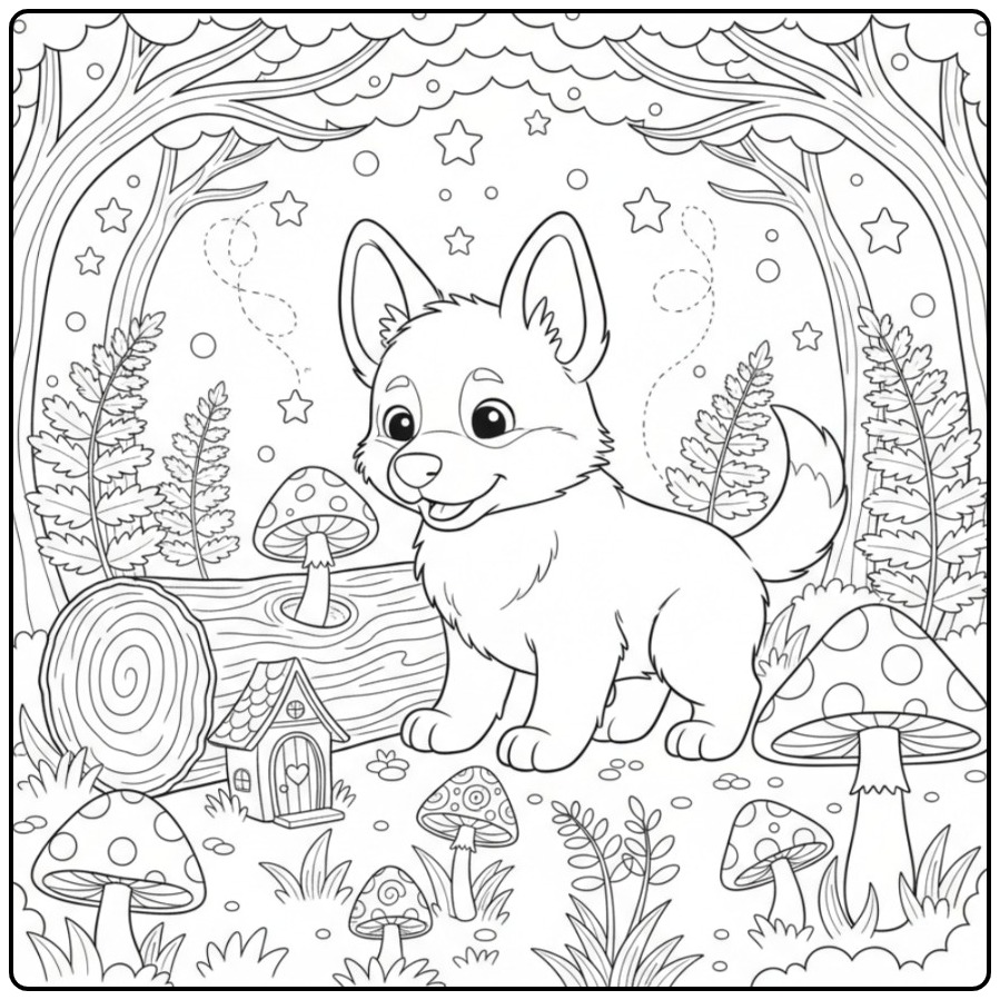 Magical Forest Adventure German Shepherd for Children coloring page