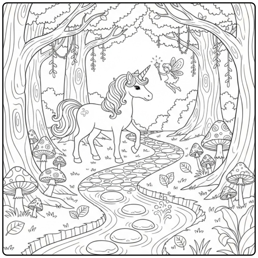 Magical Forest Adventure Unicorn Cute coloring page