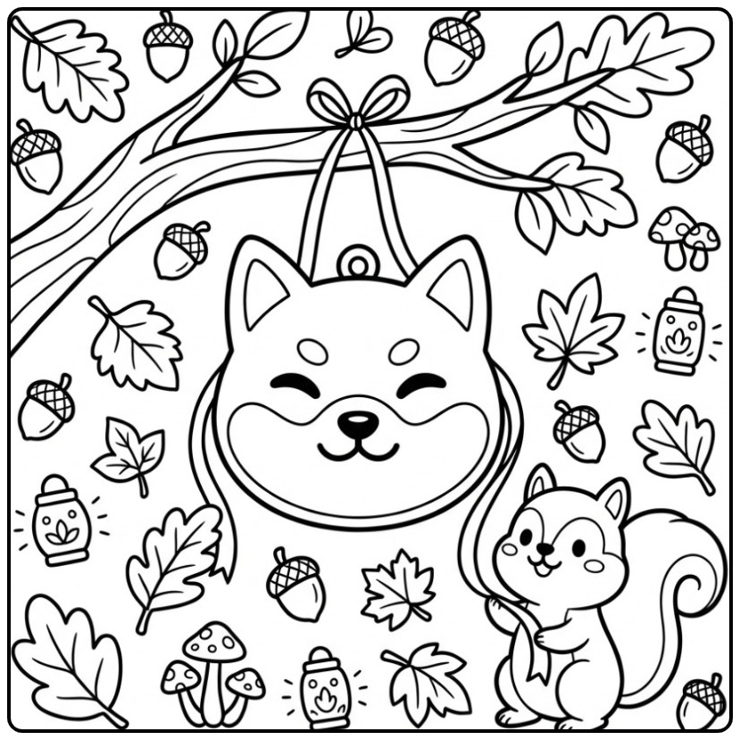 Shiba Inu Dog Mask in a Magical Forest coloring page
