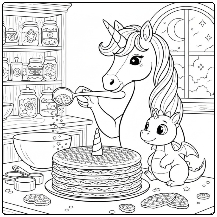 Magical Kitchen Adventure Unicorn Cake Baking coloring page