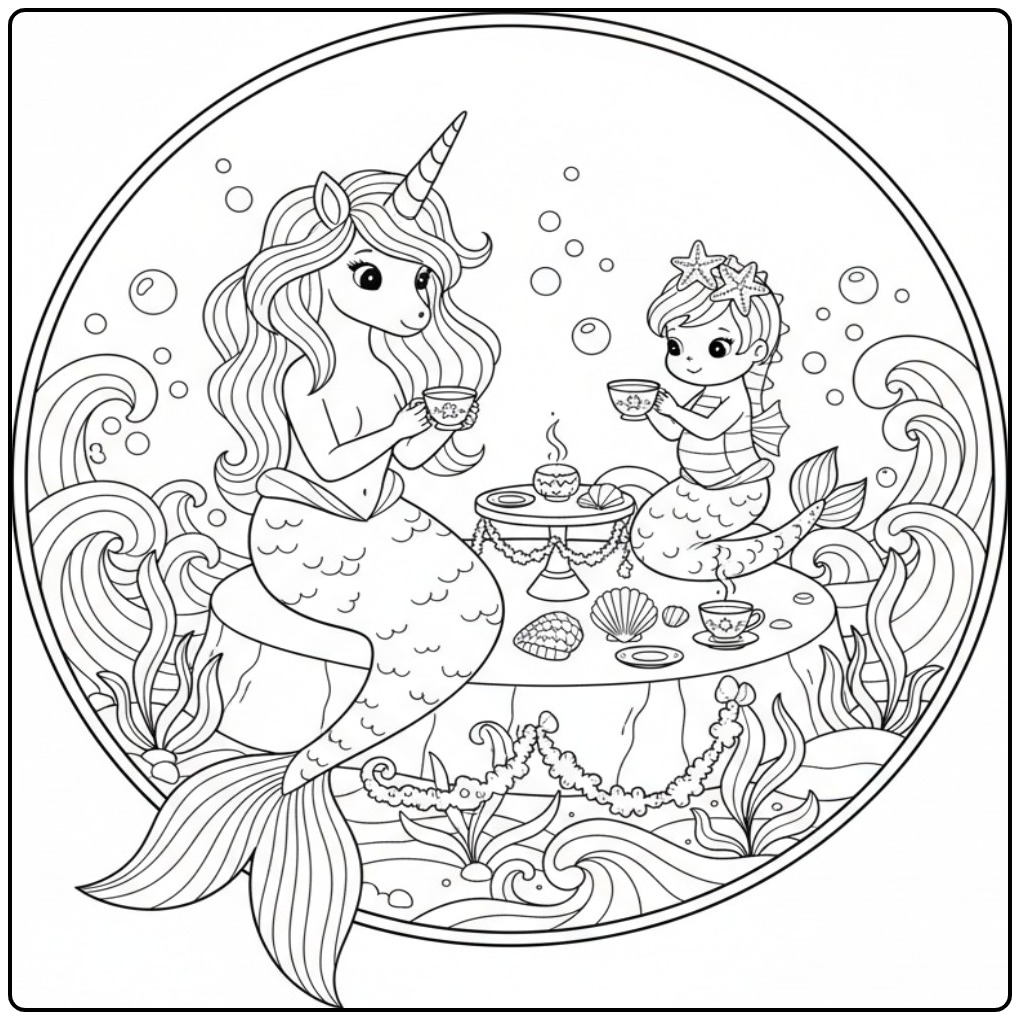 Magical Tea Party Unicorn Mermaid coloring page