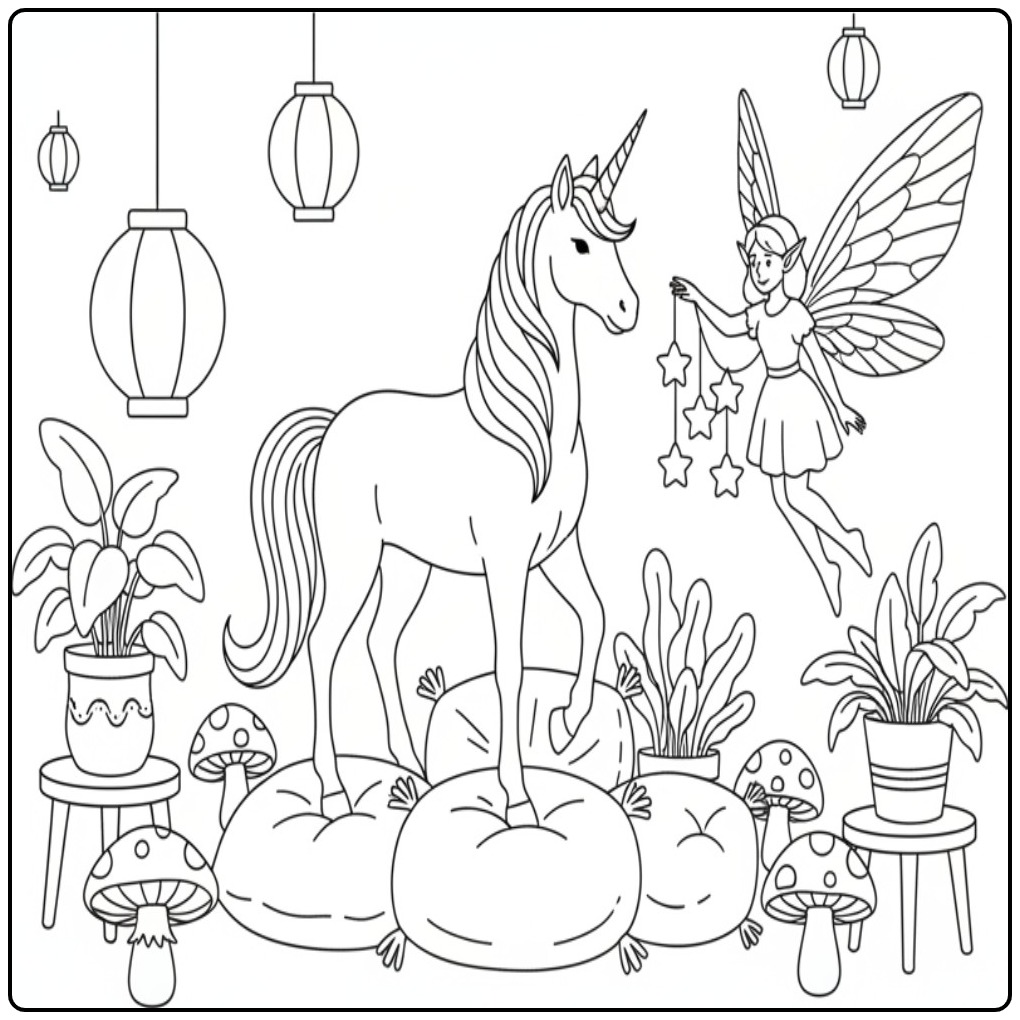 Magical Evening Fairy and Unicorn coloring page