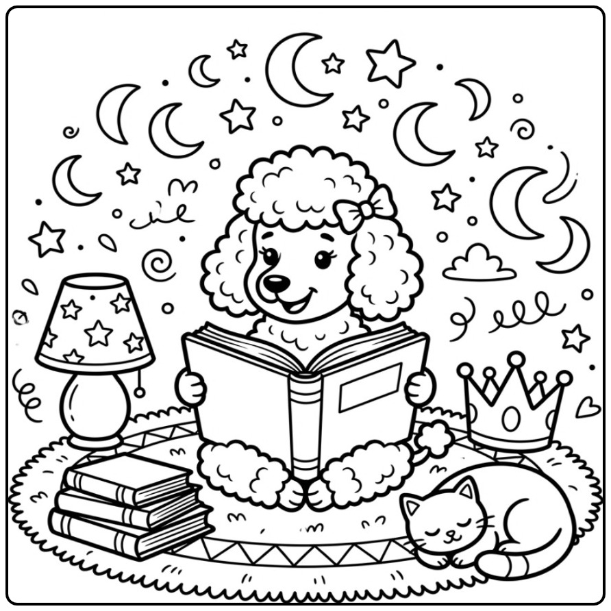Magical Evening Poodle with a Storybook coloring page