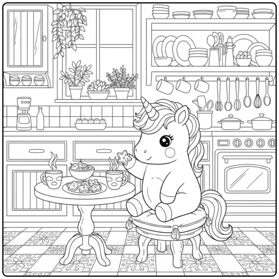 Magical Baby Unicorn a Koekje Eating at Table coloring page