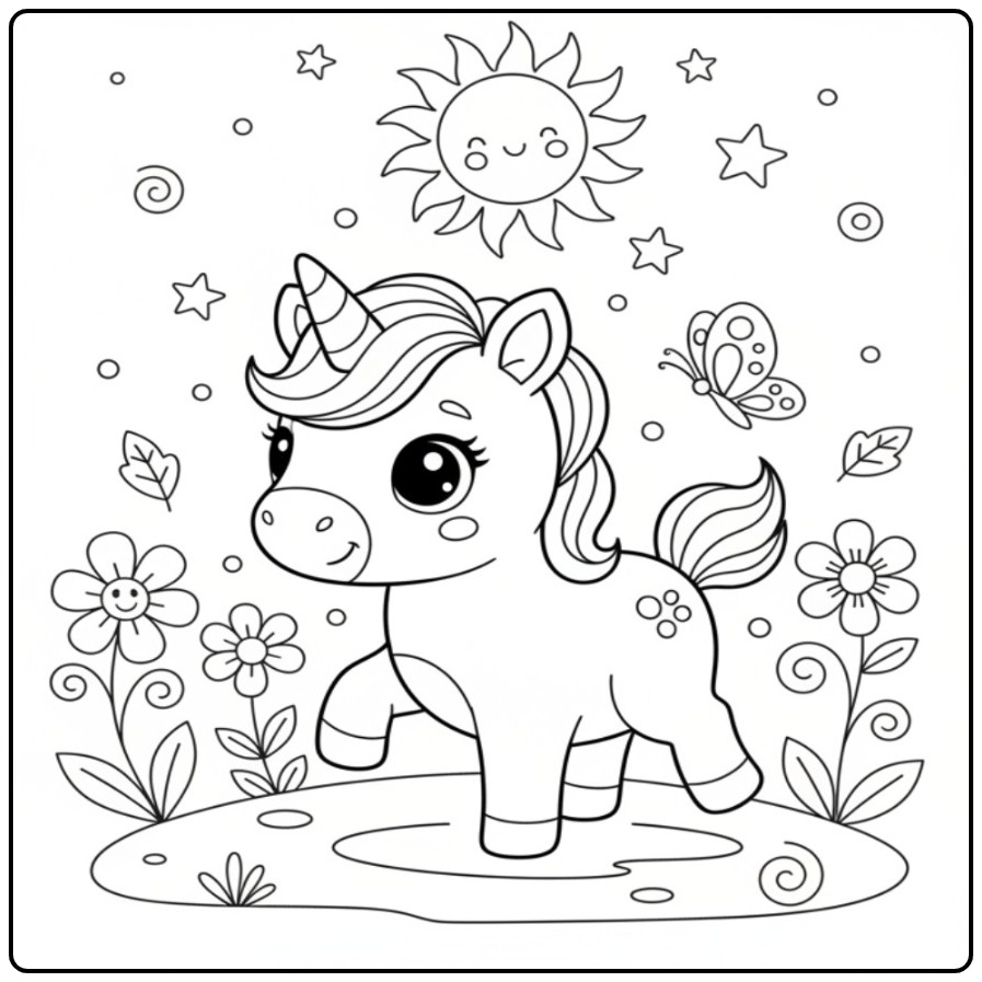 Magical Baby Unicorn Smiling Sun and Flowers coloring page