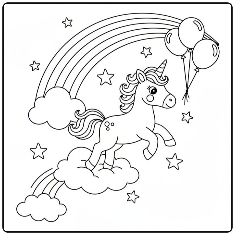 Magical Baby Unicorn Stars and Balloons coloring page