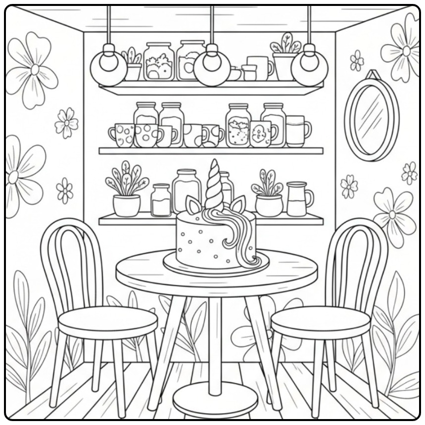 Magical Cafe Setting with a Unicorn Cake coloring page