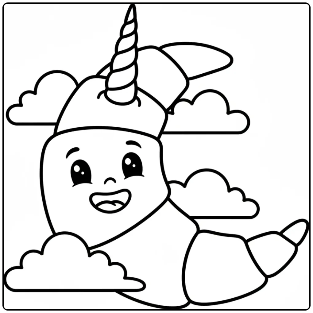 Magical Croissant Unicorn Cake with Small Clouds coloring page