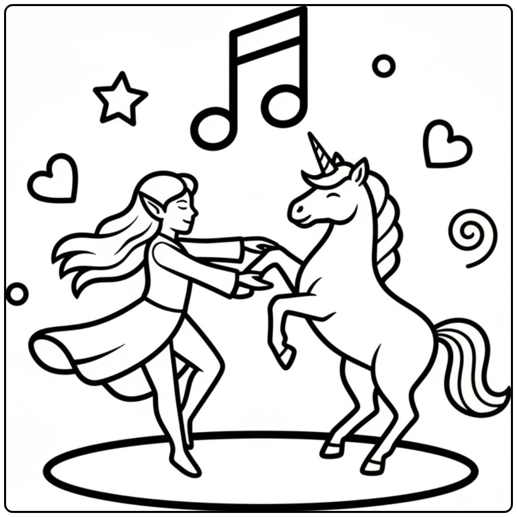 Magical Dance Scene Fairy and Unicorn for You coloring page