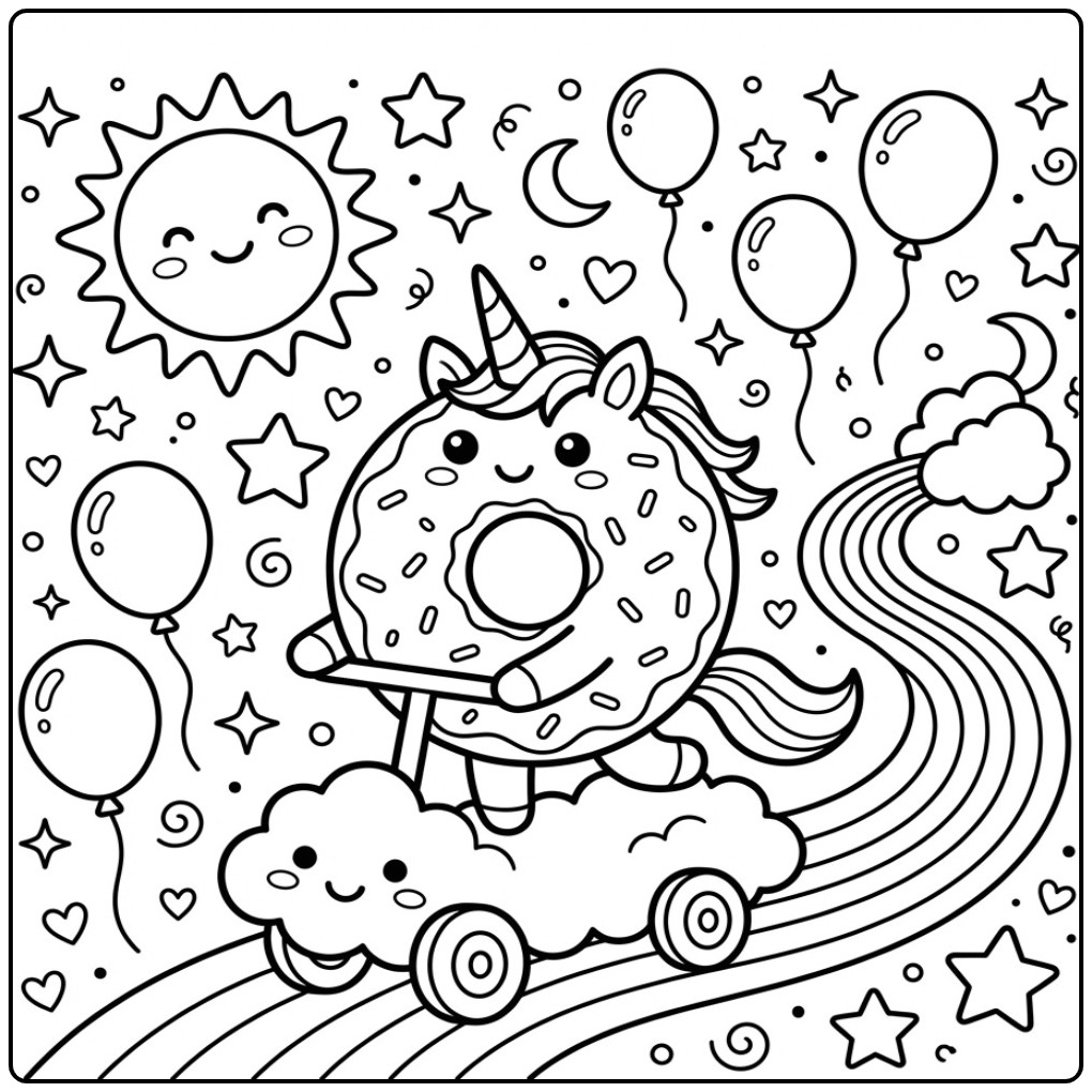 Magical Donut Unicorn Rainbow and Scooter coloring page