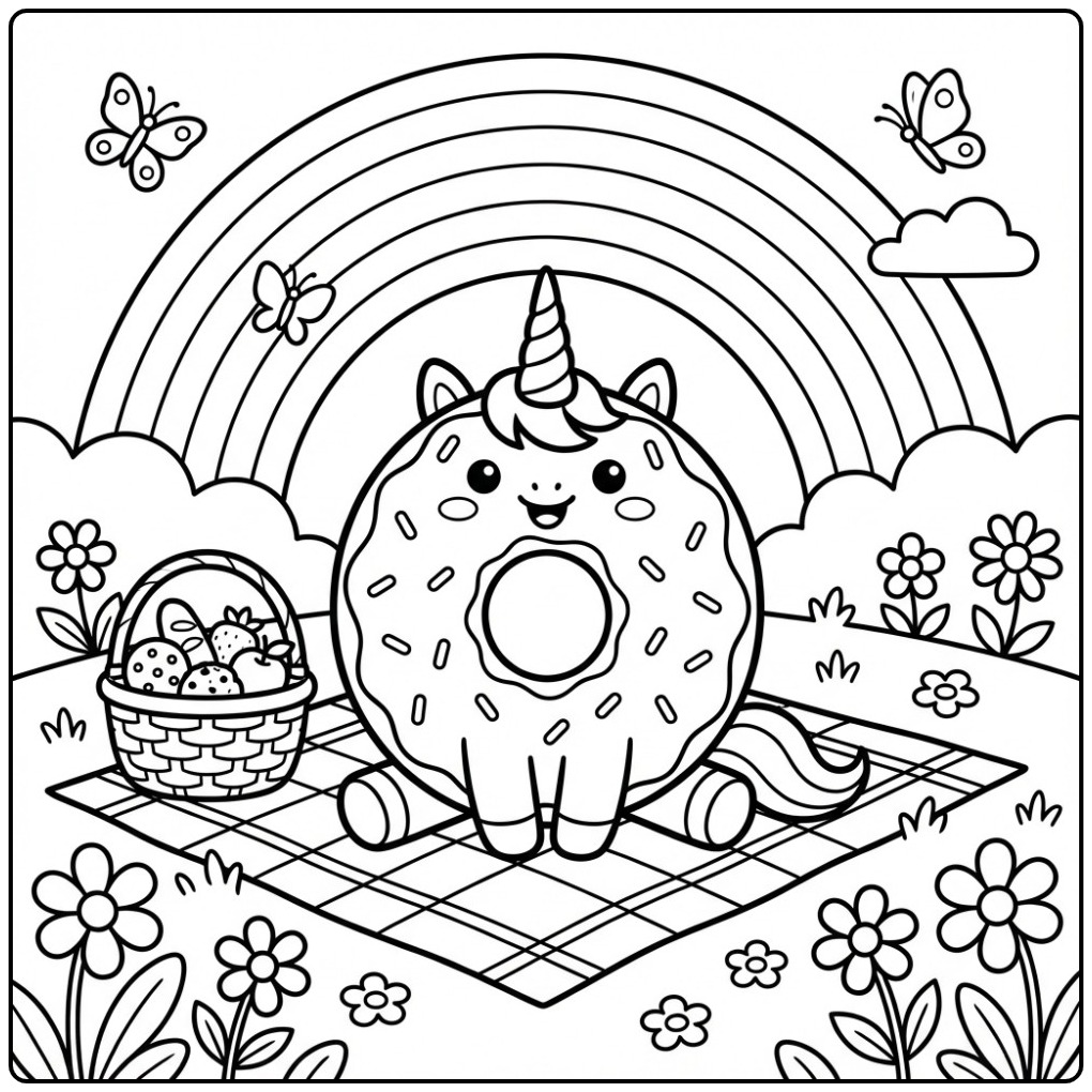 Magical Donut Unicorn Rainbow and Butterflies coloring page