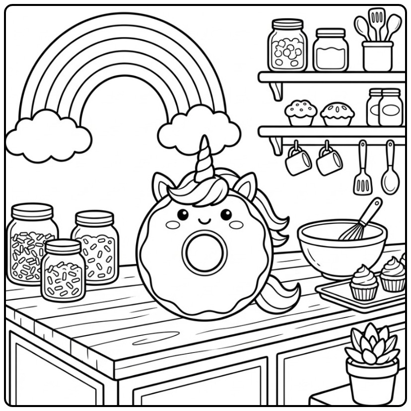 Magical Donut Unicorn Rainbow in the Kitchen coloring page