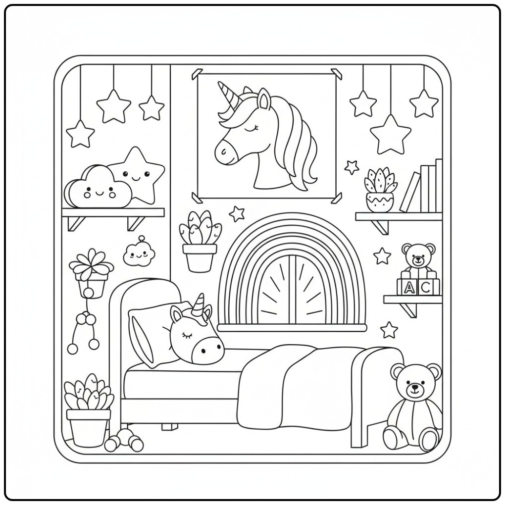 Magical Dromen Unicorn Head and Rainbow coloring page