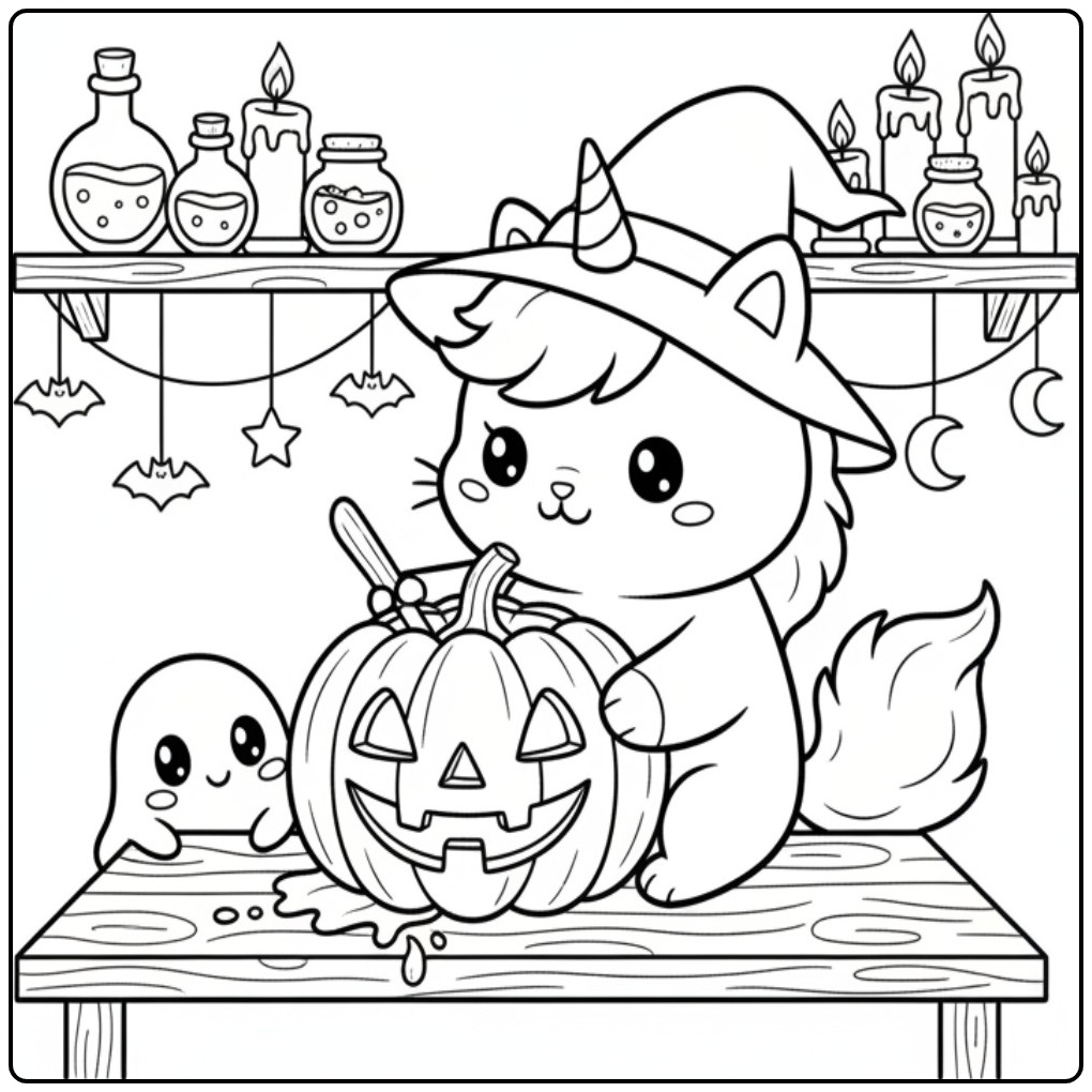 Magical Unicorn Cat Halloween and Little Ghost coloring page