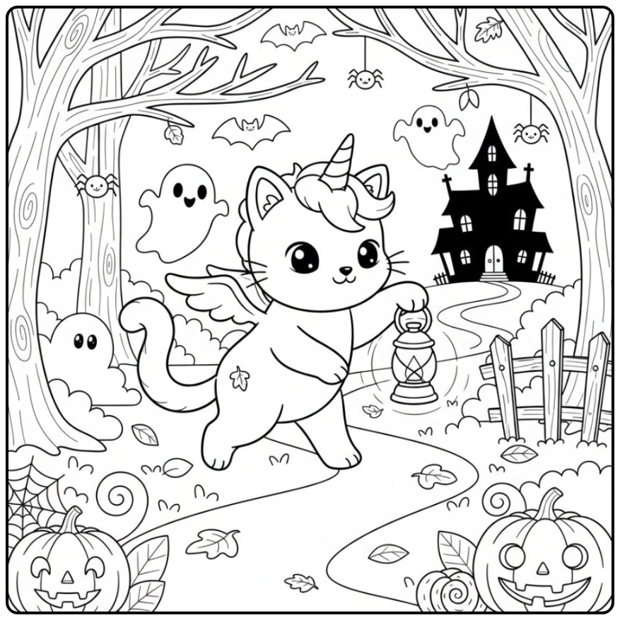Magical Unicorn Cat Halloween for a Griezelfeest coloring page