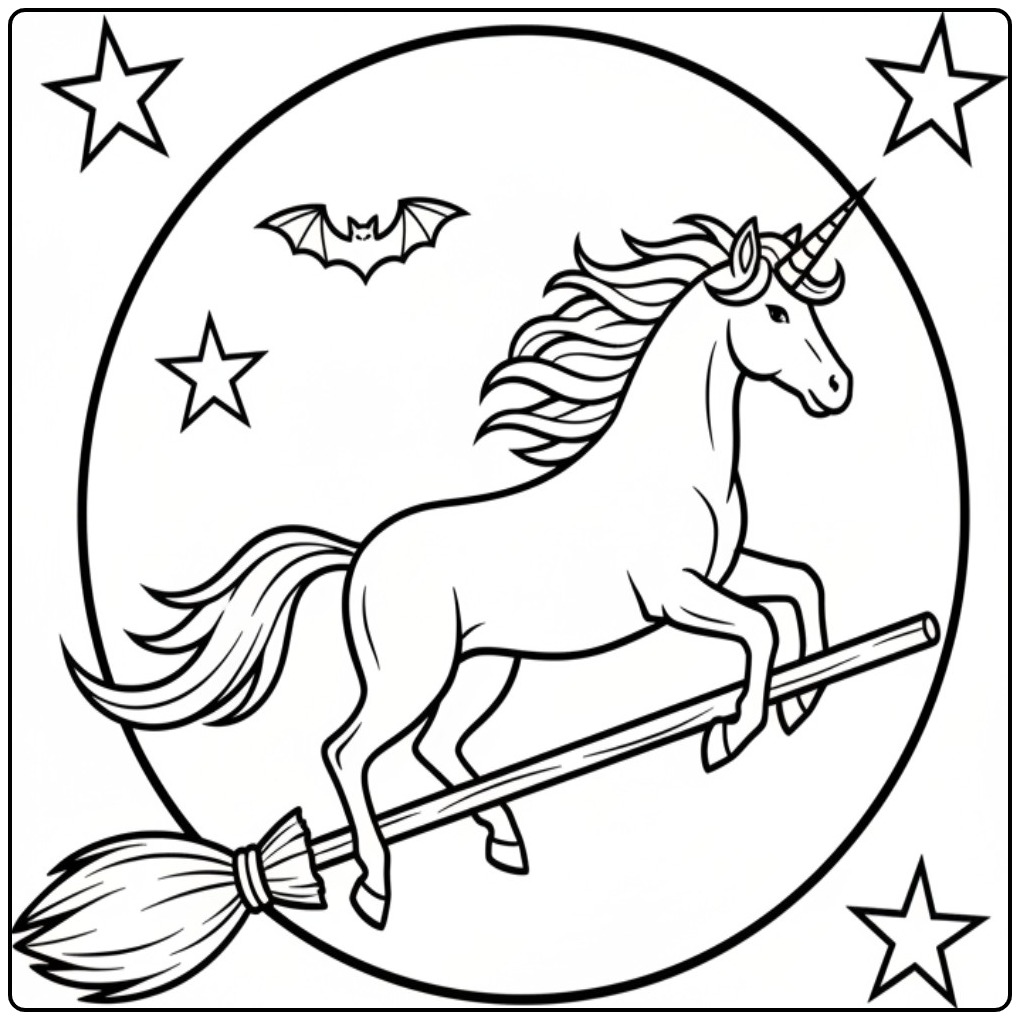 Magical on a Broomstick Unicorn Halloween coloring page
