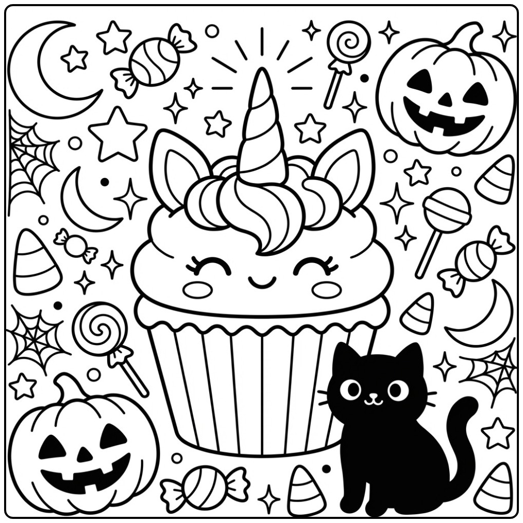 Magical Halloween Unicorn Cupcake Pumpkins coloring page