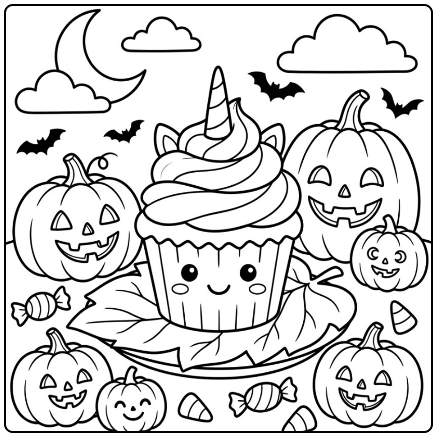 Magical Halloween Unicorn Cupcake for Children 1 coloring page