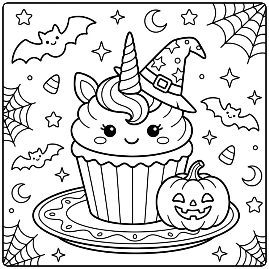 Magical Halloween Unicorn Cupcake for Children coloring page