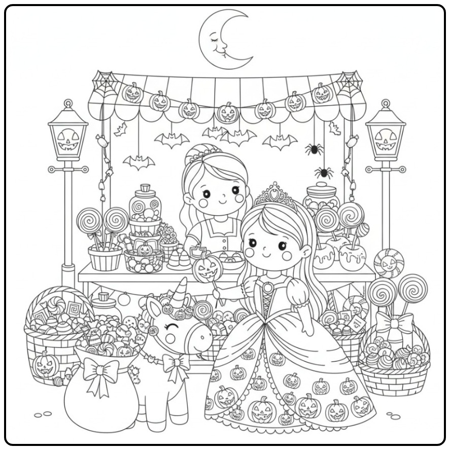 Magical Halloween Princess Unicorn Full of with Candy coloring page