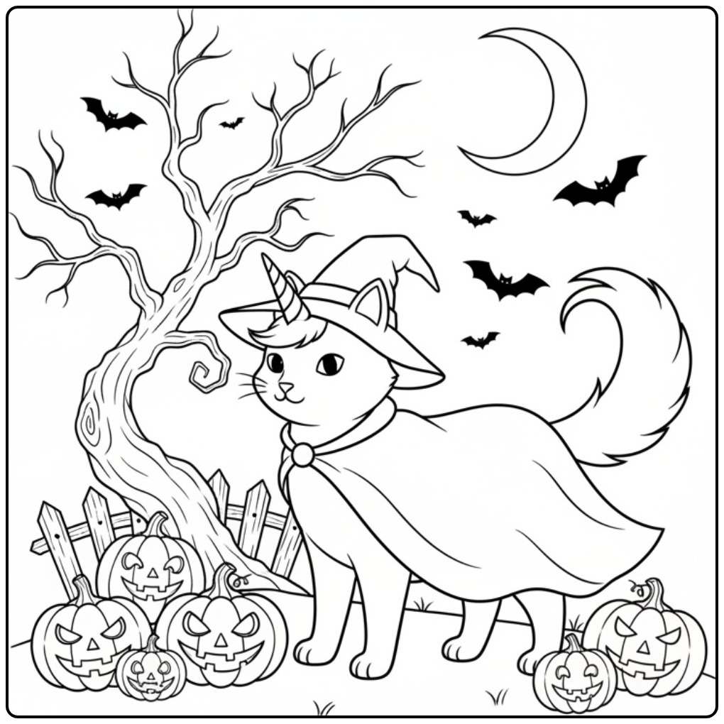 Magical Halloween Unicorn Cat coloring page