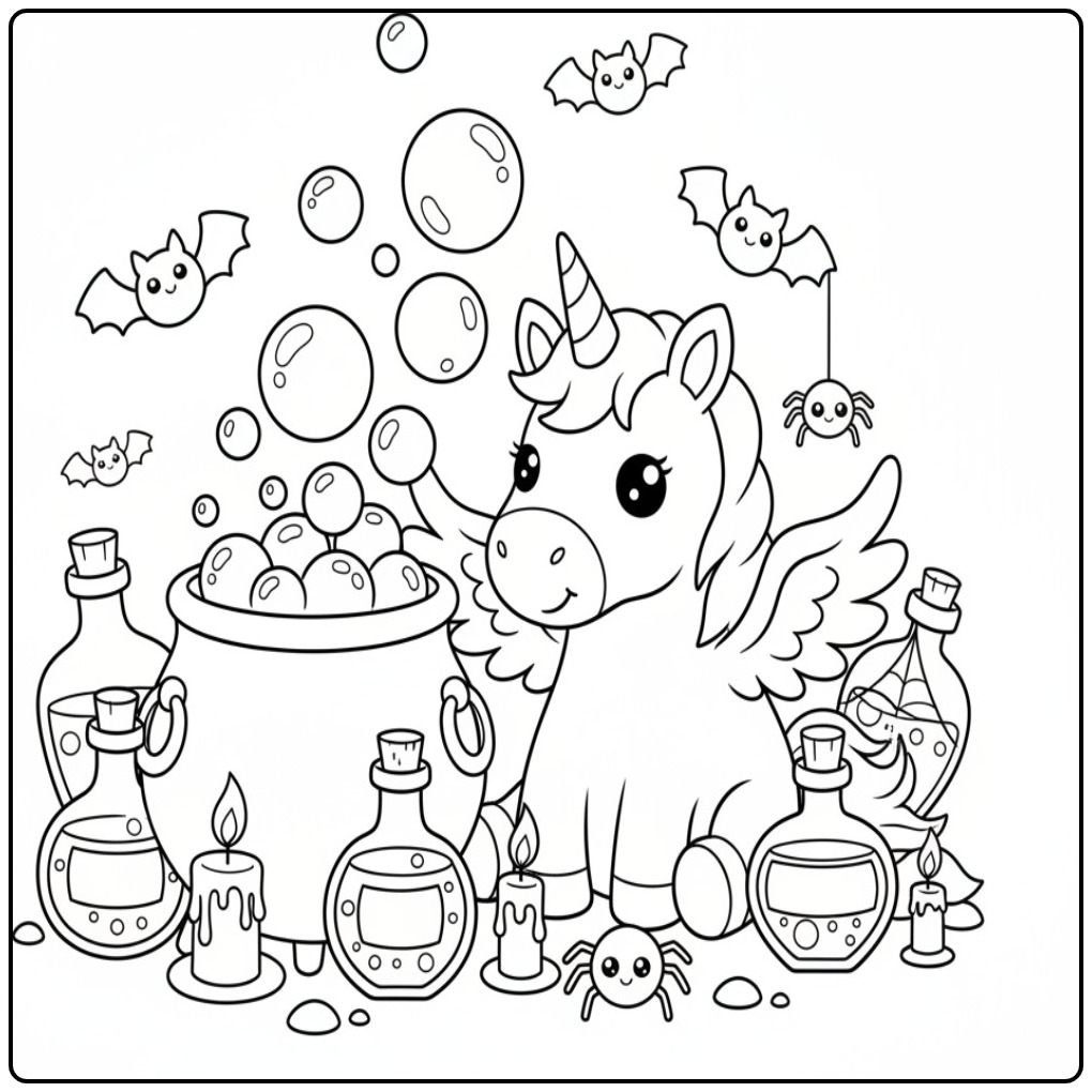 Magical Halloweencoloring Page Unicorn with Wings Brouwt coloring page
