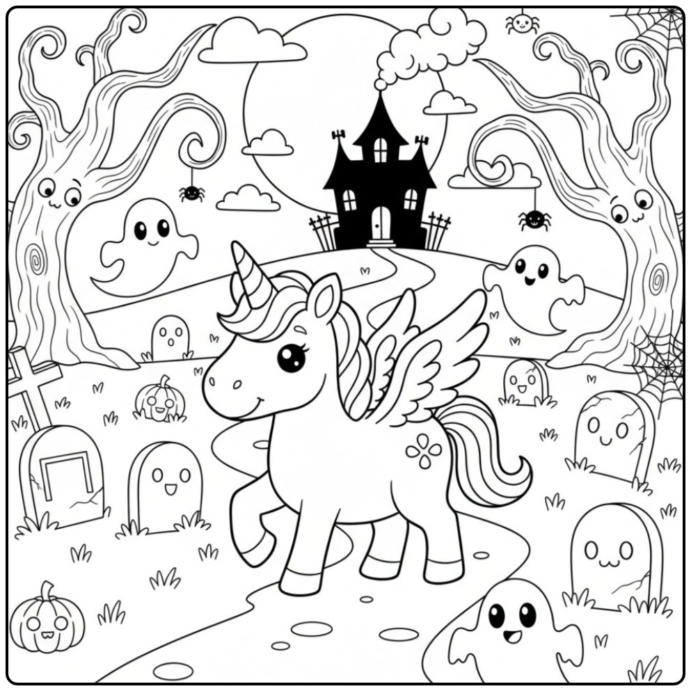 Magical Halloweencoloring Page Unicorn with Wings on Path coloring page