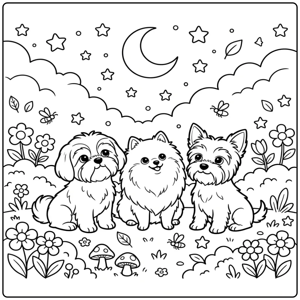 Magical Puppies Watching the Moon coloring page