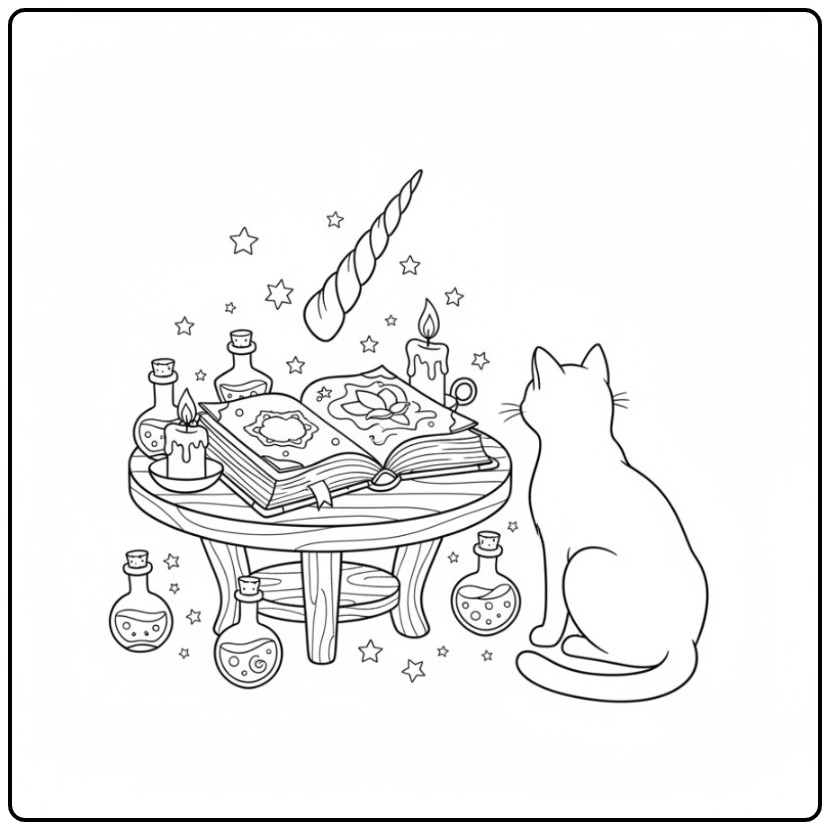 Magical Cat and the Flying Unicorn Horn coloring page