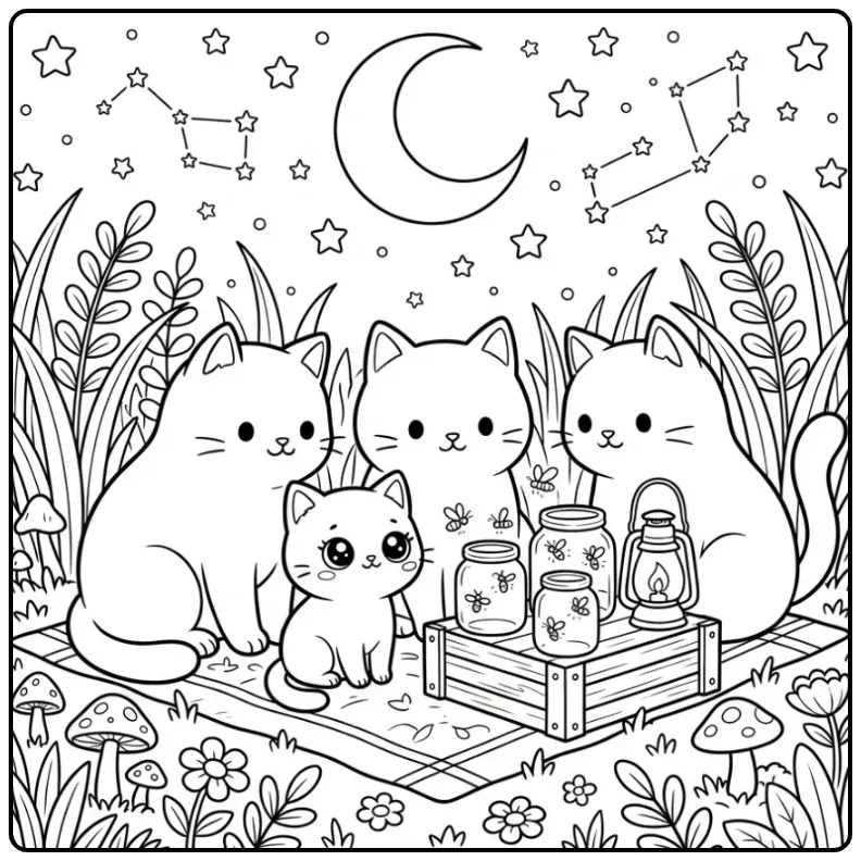 Magical Cats at Night with Stars coloring page