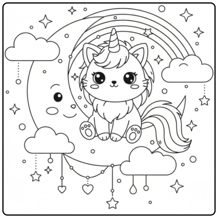 Magical Kawaii Unicorn Cat a Rainbow coloring page