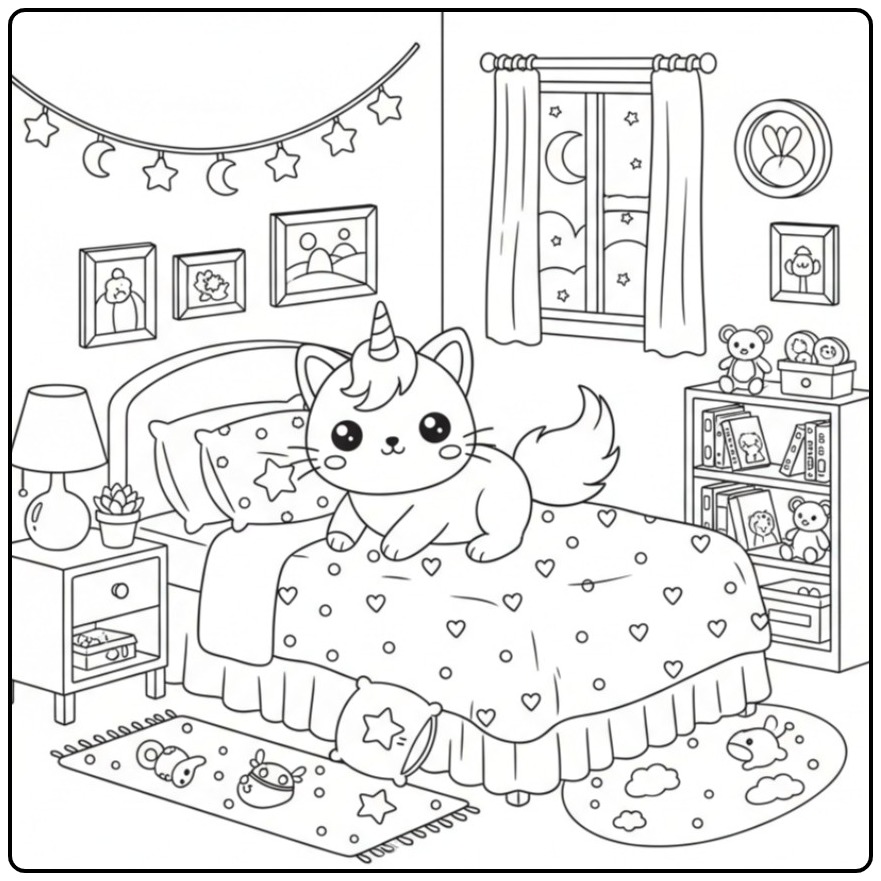 Magical Kawaii Unicorn Cat on a Cozy Bed coloring page