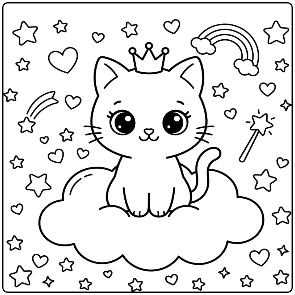 Magical Kawaii Kitten with Stars and Rainbow coloring page