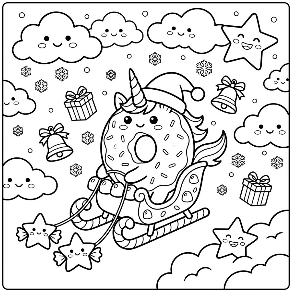Magical Christmas Donut Unicorn for Children coloring page